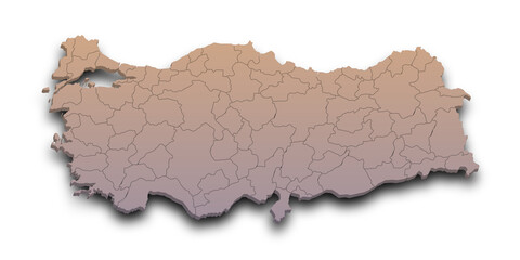 3d Map of Turkey with state and color.  Türkiye country map