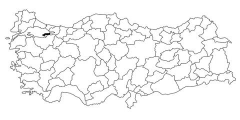 Map of yalova ils province in Turkey country on white background. Single State map highlighted by black colour on Turkey map. Türkiye, TR, Republic of Türkiye