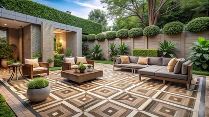 Fototapeta premium Elegant exterior patio features neatly arranged geometric patterned pavers in earthy tones, surrounded by lush greenery and modern outdoor furniture.