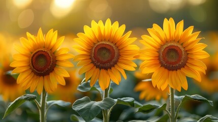 Obraz premium Three sunflowers are growing tall in a field of yellow flowers with the sun shining brightly behind them