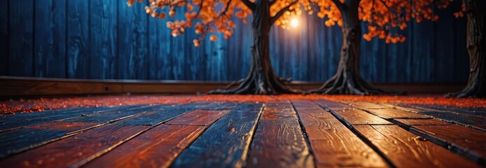 Wooden Floor with Blurred Tree and Lights in Background. with copy space for text
