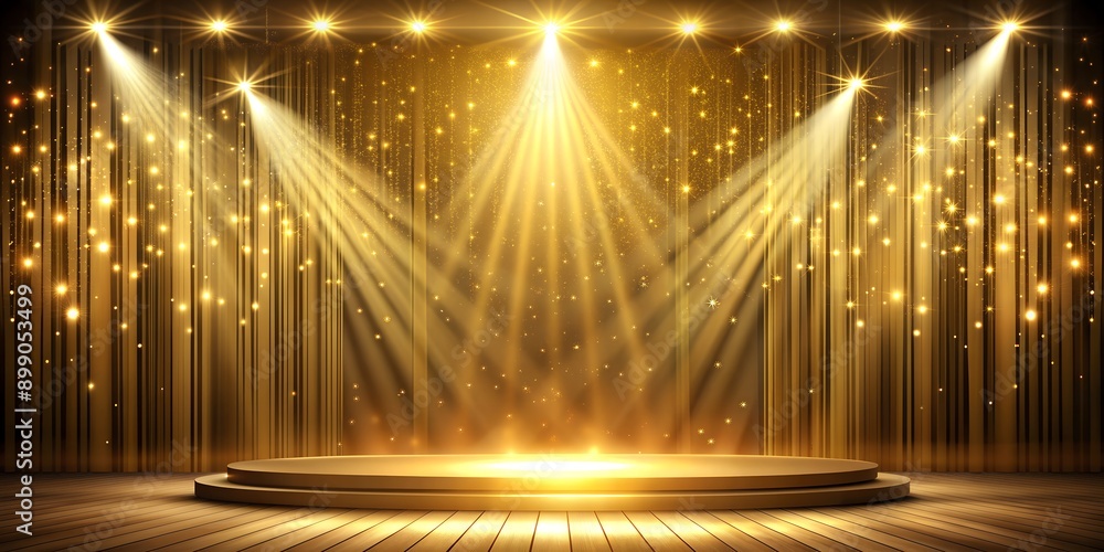 Poster stage with golden light elements and rays effect ai-created content