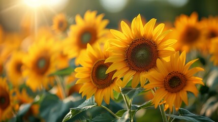 Obraz premium Sunflowers blooming in a vast field under the summer sun, creating a golden landscape of vibrant blossoms