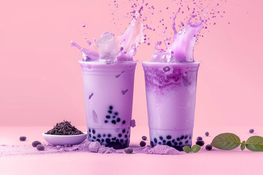 Blueberry Purple Pink Taro milk tea with purple milk and tea powder splashing in background, Purple taro bubble tea, cold and refreshing drink with purple taro tapioca pearls and ice for advertisement