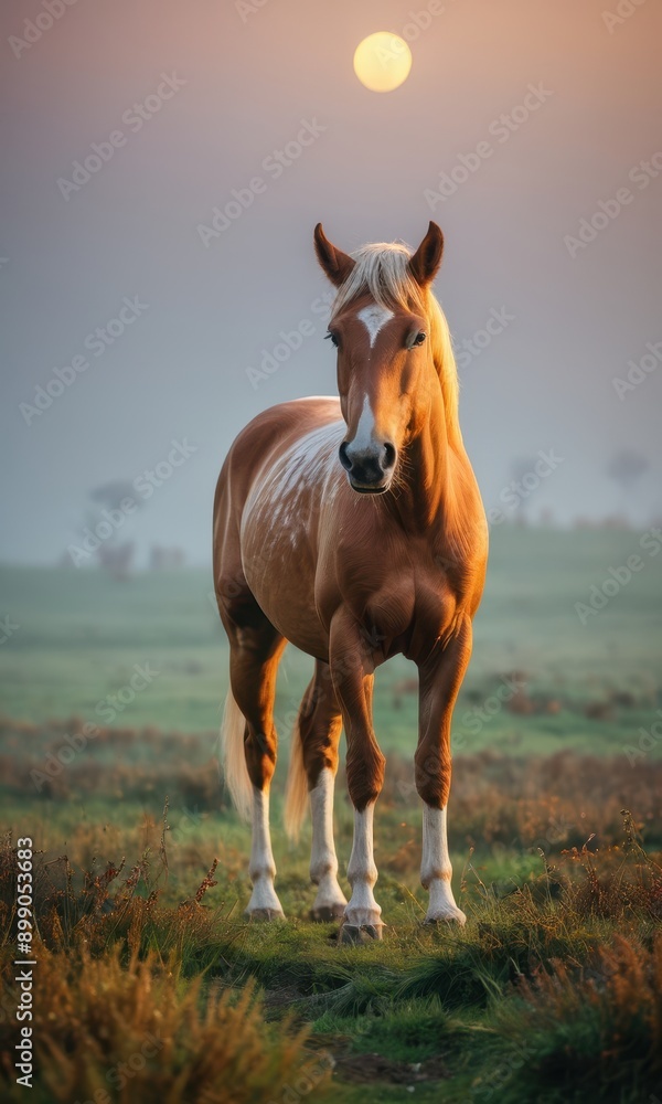 Wall mural majestic horse standing in a field at sunset.