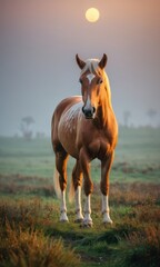 Fototapeta premium Majestic Horse Standing in a Field at Sunset.
