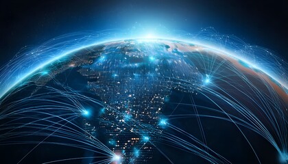 Obraz premium Network technology background, technology and communication, connected dots on 3D wave landscape. Telecommunication, data science, shiny particles, cyberspace, metaverse concept