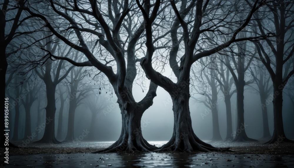 Poster mysterious foggy forest with twisted trees.
