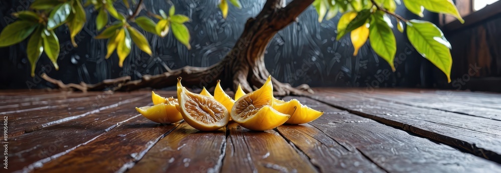 Poster fresh figs on wooden table with bonsai tree in background. with copy space for text