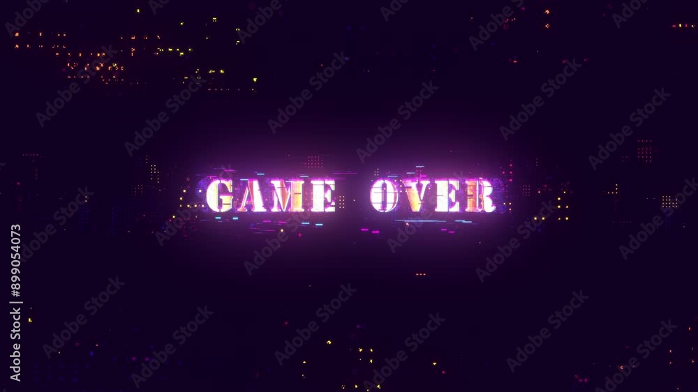 Poster 3d animation of game over glow neon glitch text digital effect cinematic title background. ending co