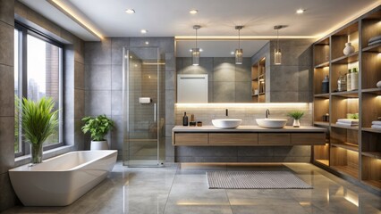 Modern, sleek bathroom exudes serenity with minimalist design, ambient lighting, polished chrome fixtures, and glass accents against a calming gray backdrop.