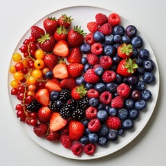 A colorful assortment of fresh berries arranged in a heart shape on a white plate