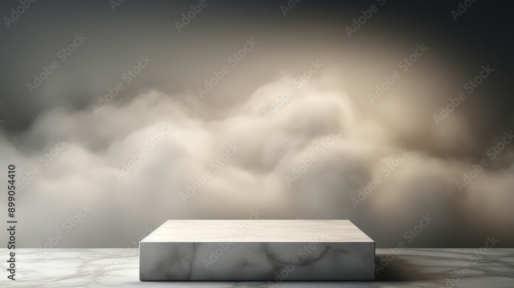 Poster elegant 3d render of a podium with soft mist, captured in high quality 8k resolution, featuring a mo