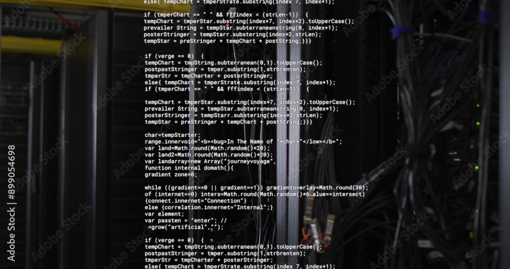  computer code image over server racks in data center