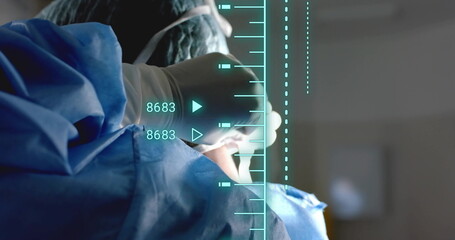 Image of data processing over african american female surgeon in operating theatre