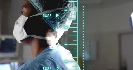 Image of data processing over african american female surgeon in operating theatre