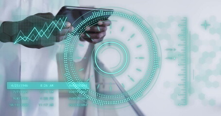 Image of scope scanning and data processing over african american male doctor in hospital