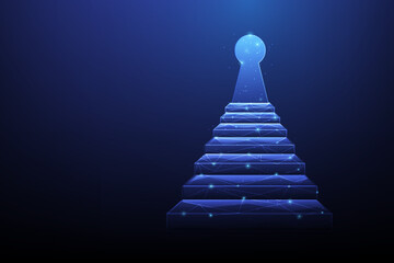 stair to key door target technology on blue background. business achievement way to success. vector illustration fantastic low poly wireframe.