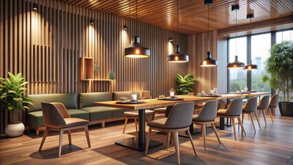 Empty modern restaurant interior with wooden table and minimalist chair surrounded by sleek decor and warm ambient lighting atmosphere.