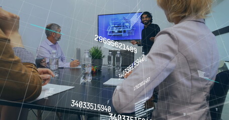 Image of numbers and data processing over diverse business people in office