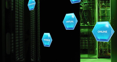 Hexagonal icons with EDUCATION, E-LEARNING, and TECHNOLOGY text image over server room