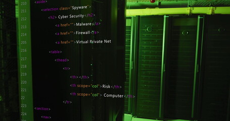 HTML code image over green-lit server room