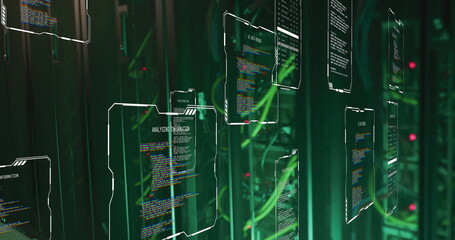 Data processing image over server racks with green cables and lights