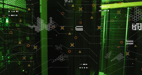Data processing and network connections image over green-lit server racks