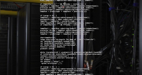 Computer code image over server racks in data center