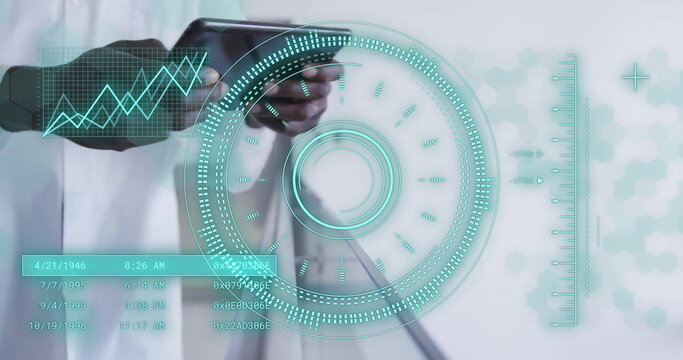 Image of scope scanning and data processing over african american male doctor in hospital