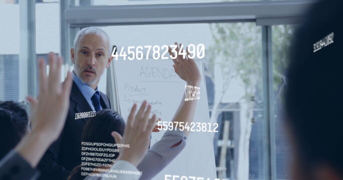 Image of numbers processing over diverse business people in office