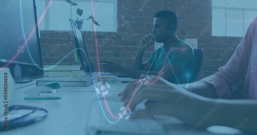 Poster analyzing data image over people working on computers in modern office
