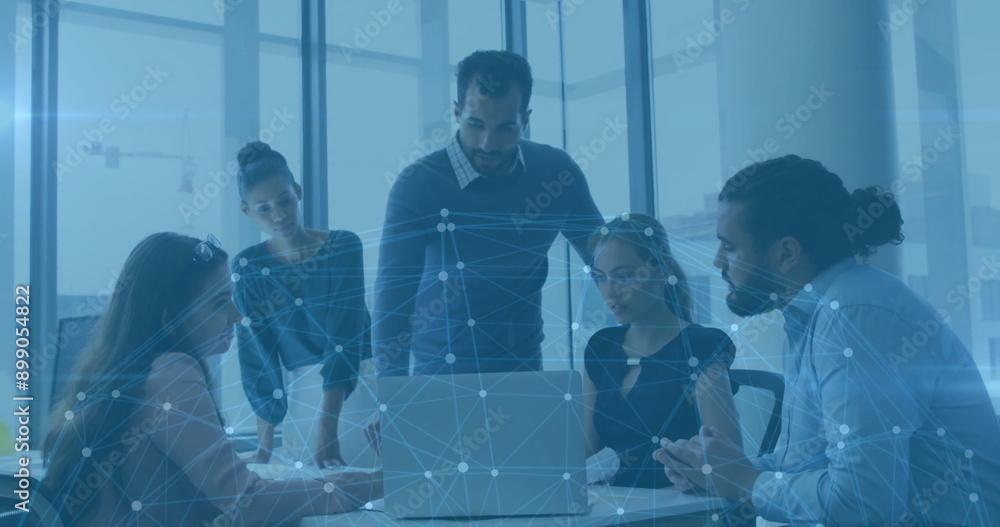 Poster network of connections and data processing image over business meeting in office