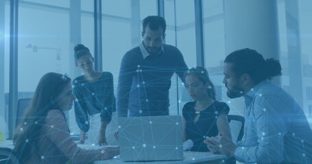 Network of connections and data processing image over business meeting in office