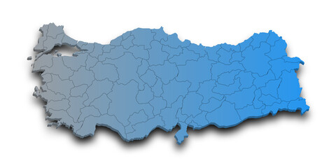 3d Map of Turkey with state and color.  Türkiye country map