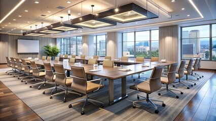 Polished conference hall filled with sleek tables, modern chairs, and gleaming business cards, awaiting professionals to make meaningful connections.