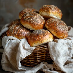 Freshly baked bread loaves and rolls in a wicker basket with a linen cloth