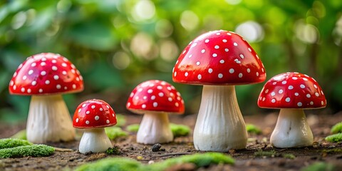 Several brightly painted figurine of a fly agaric featuring red and white polka dots AI Generative