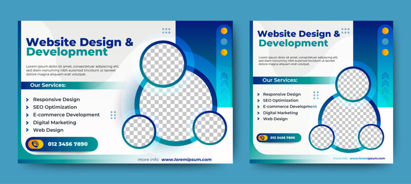 Website development banner template for landing page and social media post design. Web Design Ads, Digital Marketing ads, app development. vector
