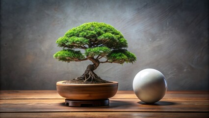 Serene miniature bonsai tree with gnarled branches sits alongside a gleaming circular decorative orb on a minimalist wooden pedestal stand.