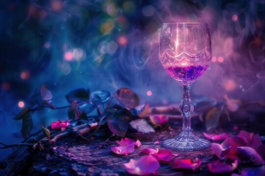 enchanted crystal wineglass bioluminescent rose petals misty ethereal atmosphere moonlit garden backdrop