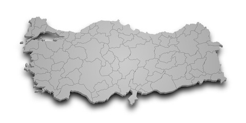 3d Map of Turkey with state and color.  Türkiye country map