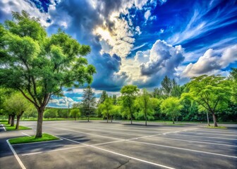 Fototapeta premium Serenene outdoor parking lot surrounded by lush green trees under a soft cloudy sky, abundant empty spaces, and a sense of calmness in a peaceful park setting.