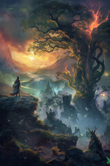 Colorful fantasy scenery of a person looking at a huge magical tree