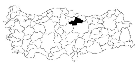 Map of tokat ils province in Turkey country on white background. Single State map highlighted by black colour on Turkey map. Türkiye, TR, Republic of Türkiye