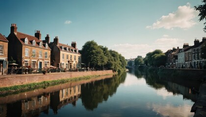 Obraz premium River Reflecting Historic Buildings in a Sunny Day.