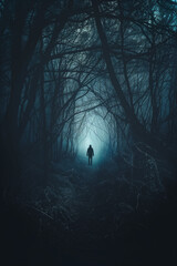 silhouette of a person in a forest with fog