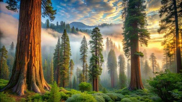 Majestic giant sequoia trees stand tall amidst lush greenery and foggy mist in a serene mountain landscape at dawn.