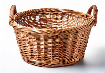 Obraz premium Empty wicker basket on white background. white clean clothes, laundry clothes, laundry detergent, clothes lined up, ironed clothes, clothes lined up on top of each other, detergent advertisement, dete