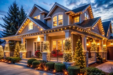 Vibrant exterior of a suburban house adorned with twinkling string lights wrapped around pillars and roof, creating a warm and inviting festive atmosphere.